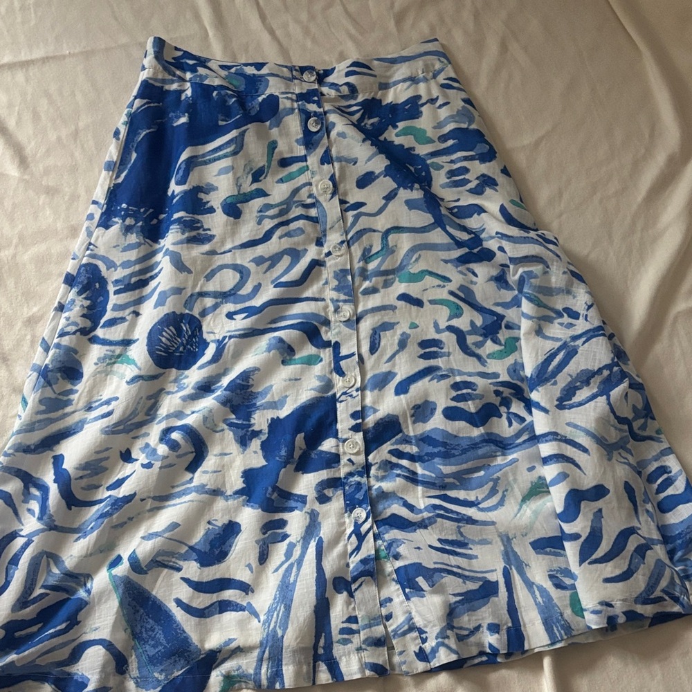 Anthropologie Blue and White Abstract Midi Skirt